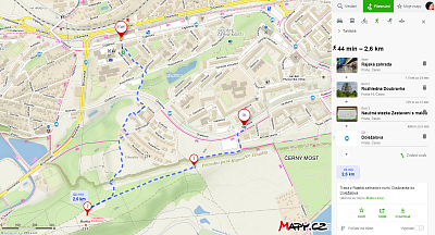 Mapka naší pěší trasy od stanice metra B "Rajská zahrada" k rozhledně.